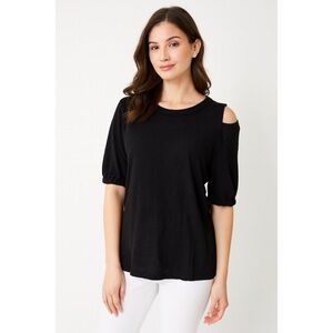WILT Black Short Sleeve Shrunken Crew Neck Cold Shoulder Top, Size S